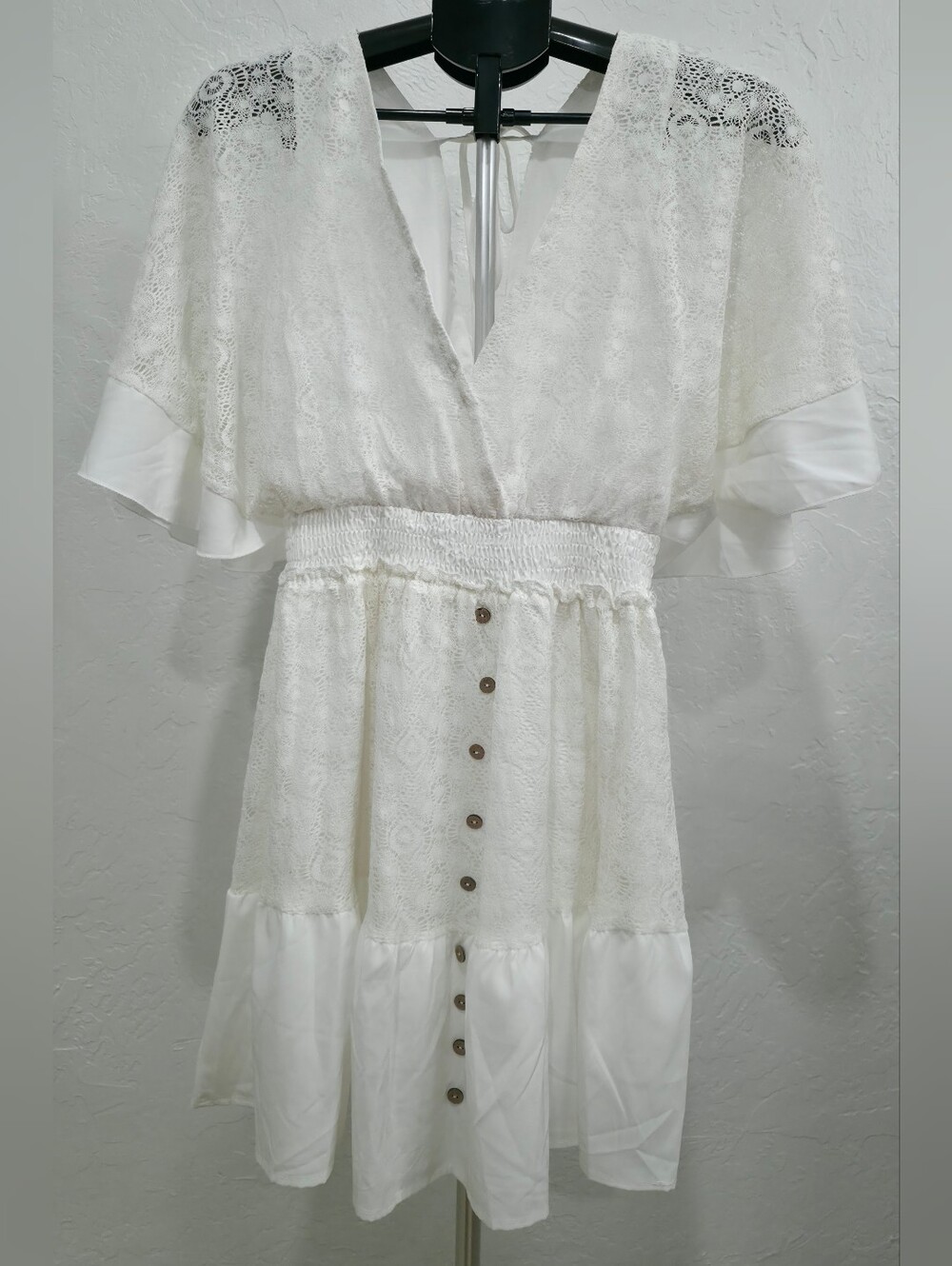 White Lace V-Neck Smocked Waist Maxi Dress